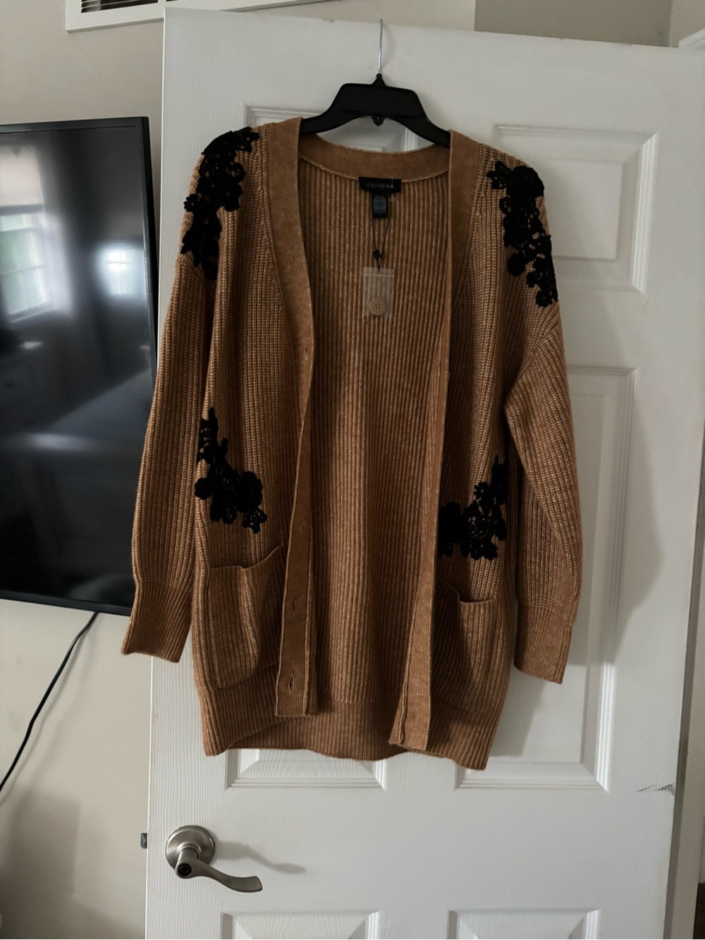 Express Tan Open-Front Cardigan with Black Floral Appliqué oversized